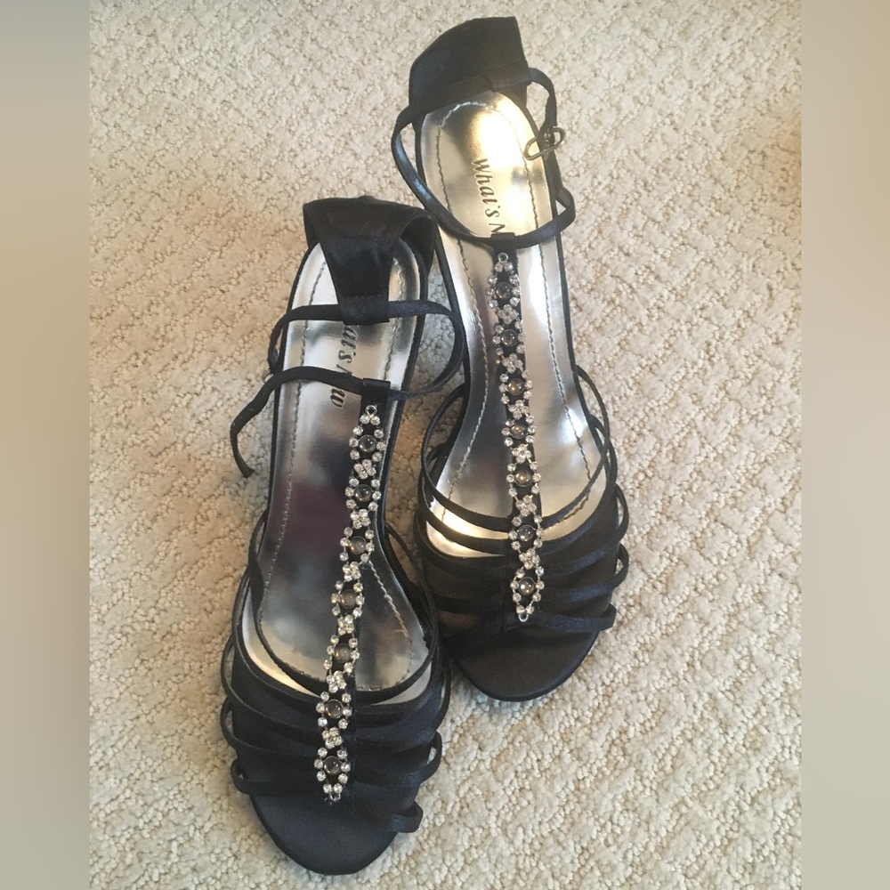 💕What’s New💕Open Toe  Dressy Ankle Strap Black Rhinestone  Shoes 3-1/2” heels